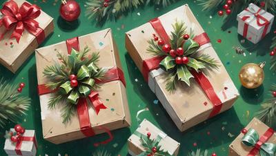 The primary subject of the image is a pair of Christmas presents, each wrapped in a bow and adorned with a holly wreath. The presents are placed on a green surface, which could be a table or a background. The visual style of the image is a painting, which adds a sense of warmth and festivity to the scene. The colors and mood of the painting are predominantly green and red, reflecting the traditional colors of Christmas.